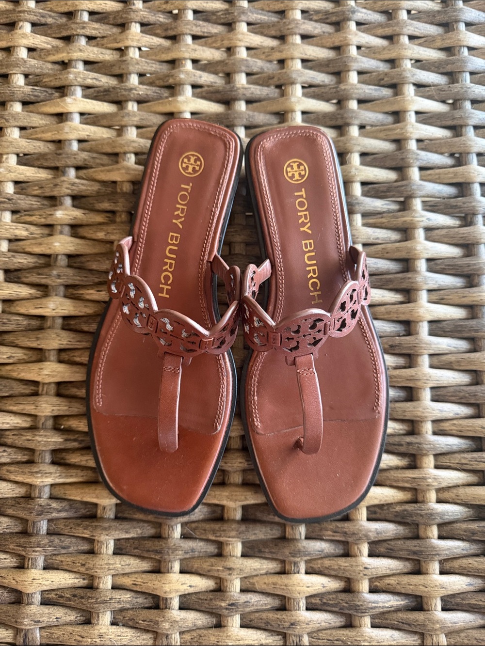 Tory Burch Brown Leather Logo Cutout Thong Sandals 8